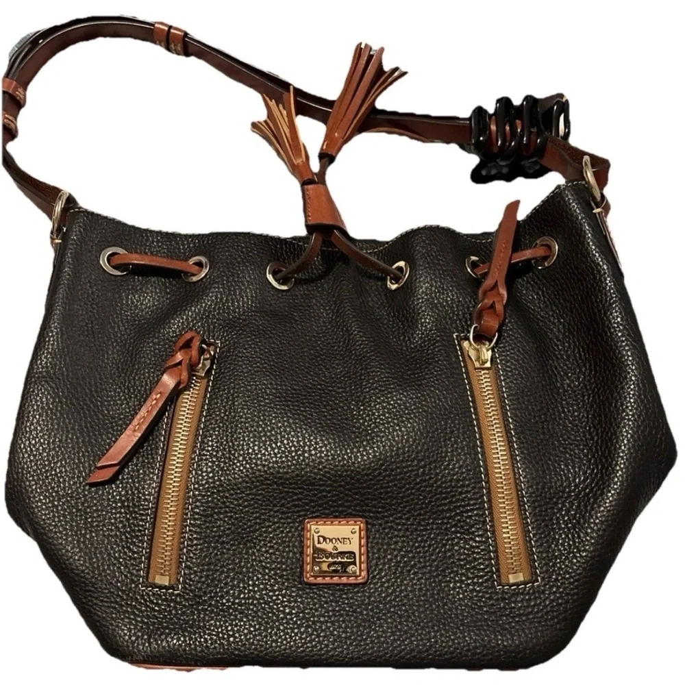 Dooney & Bourke Black Pebbled Leather Drawstring Bucket Bag with Brown Trim - Picture 9 of 11